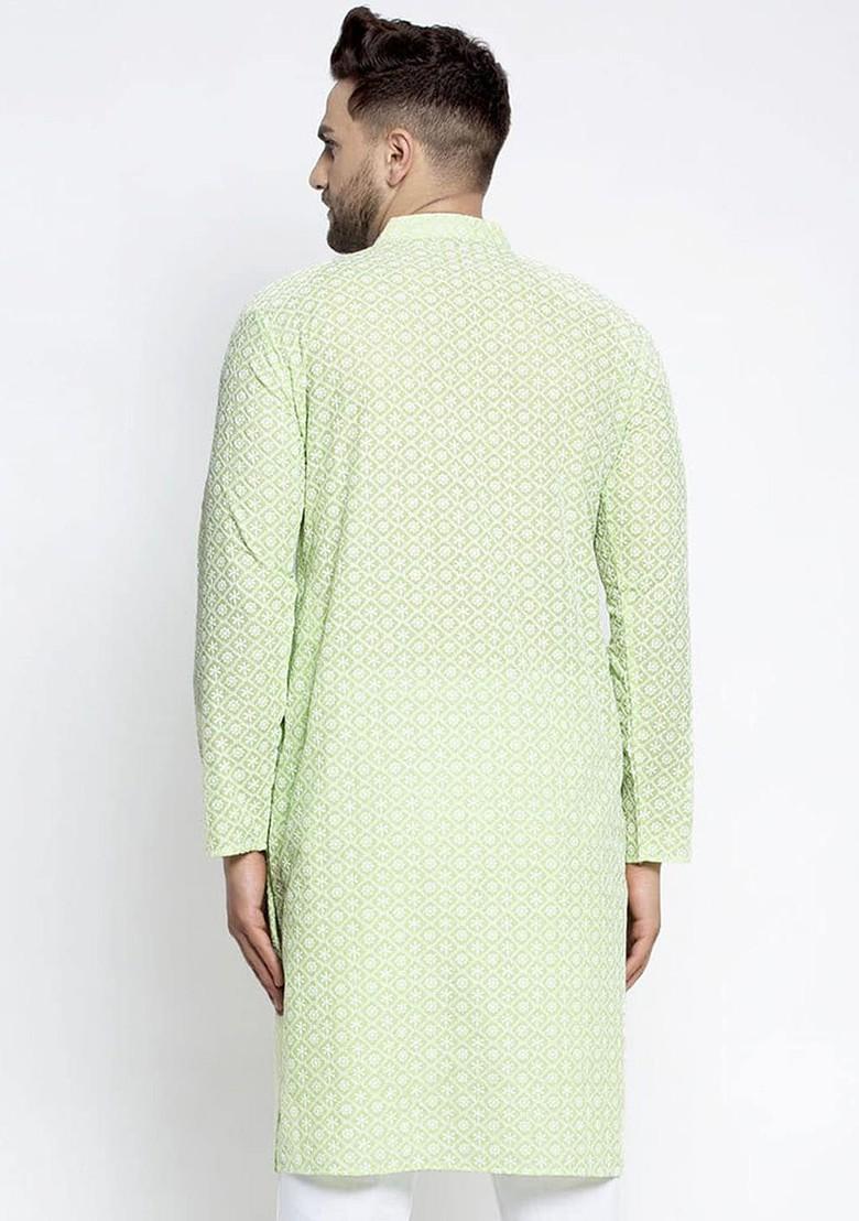 Green Woven Design Poly Blend Kurta For Men