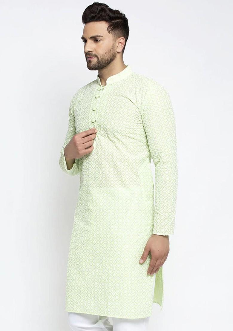 Green Woven Design Poly Blend Kurta For Men