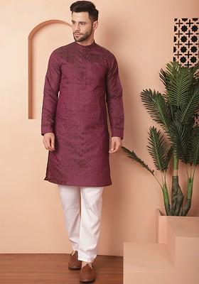 Purple Ethnic Motif Poly Blend Kurta For Men