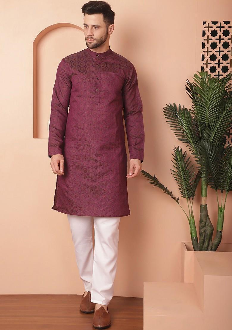 Purple Ethnic Motif Poly Blend Kurta For Men