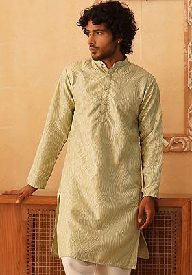 Green Embroidered Poly Blend Kurta For Men