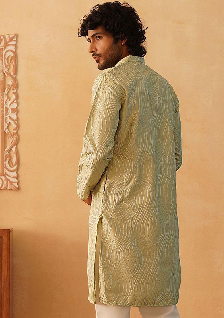 Green Embroidered Poly Blend Kurta For Men