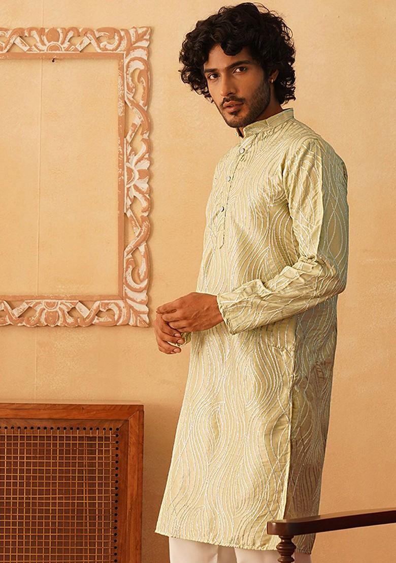 Green Embroidered Poly Blend Kurta For Men