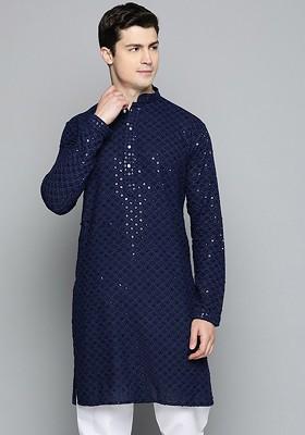 Navy Blue Embroidered Poly Blend Kurta For Men