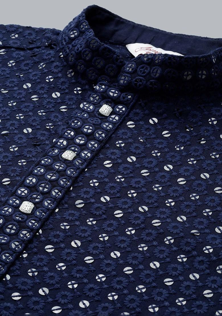 Navy Blue Embroidered Poly Blend Kurta For Men