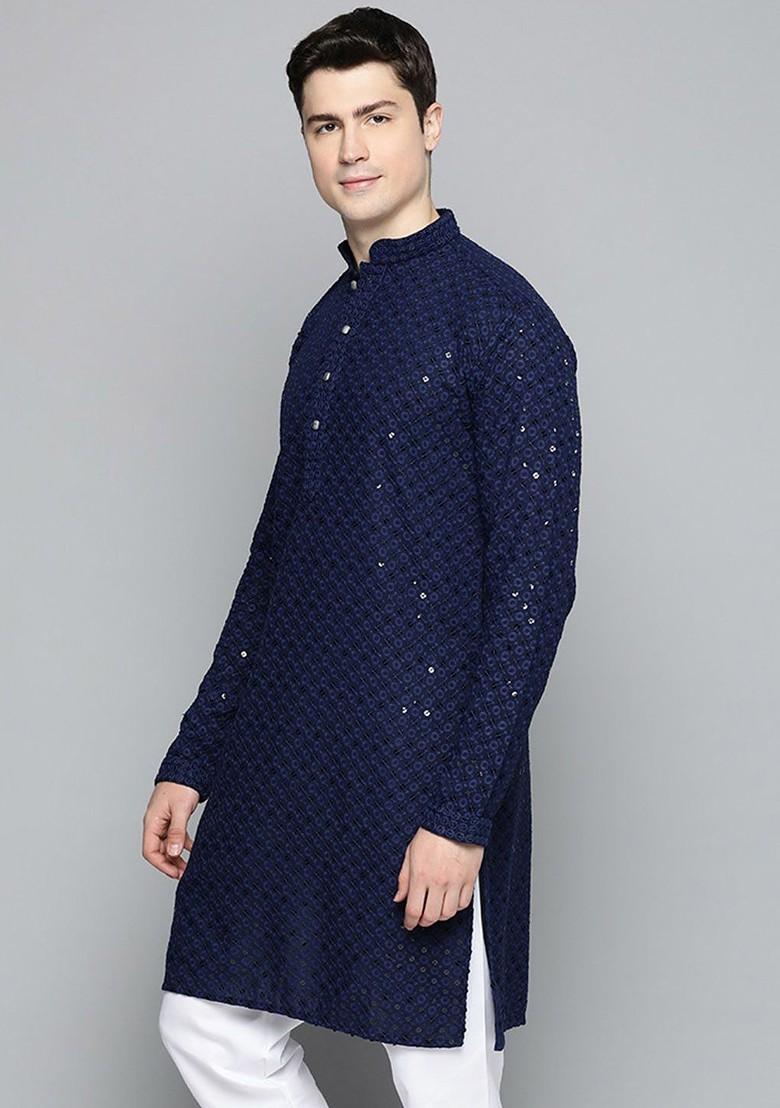 Navy Blue Embroidered Poly Blend Kurta For Men