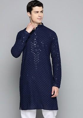 Navy Blue Embroidered Poly Blend Kurta For Men