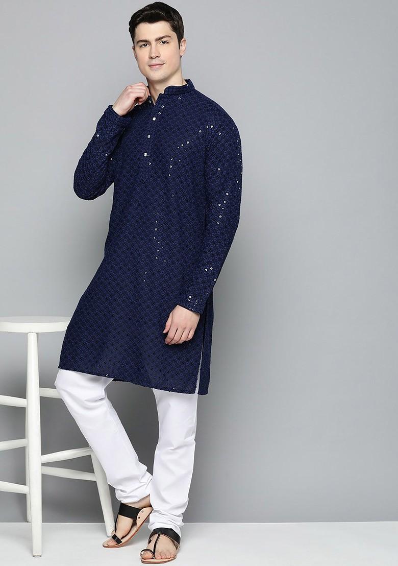 Navy Blue Embroidered Poly Blend Kurta For Men