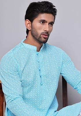 Turquoise Blue Embroidered Poly Blend Kurta For Men