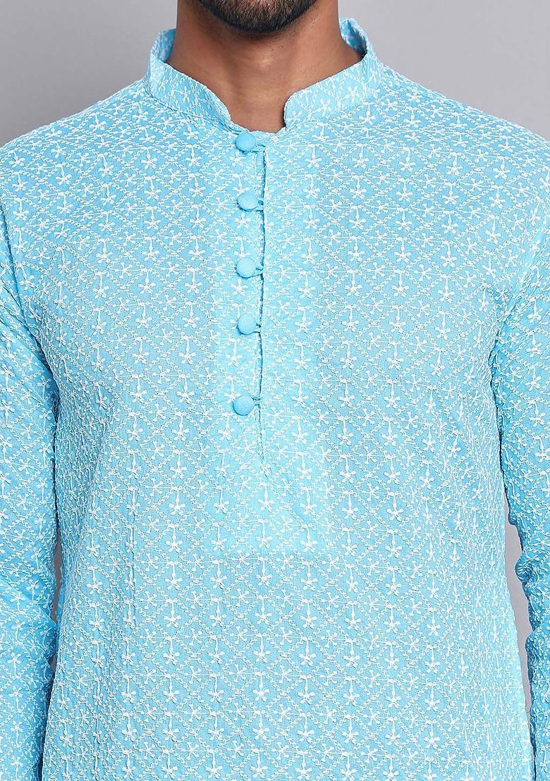 Turquoise Blue Embroidered Poly Blend Kurta For Men
