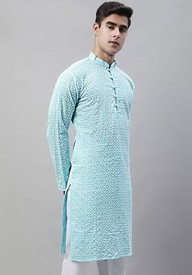 Turquoise Blue Embroidered Poly Blend Kurta For Men