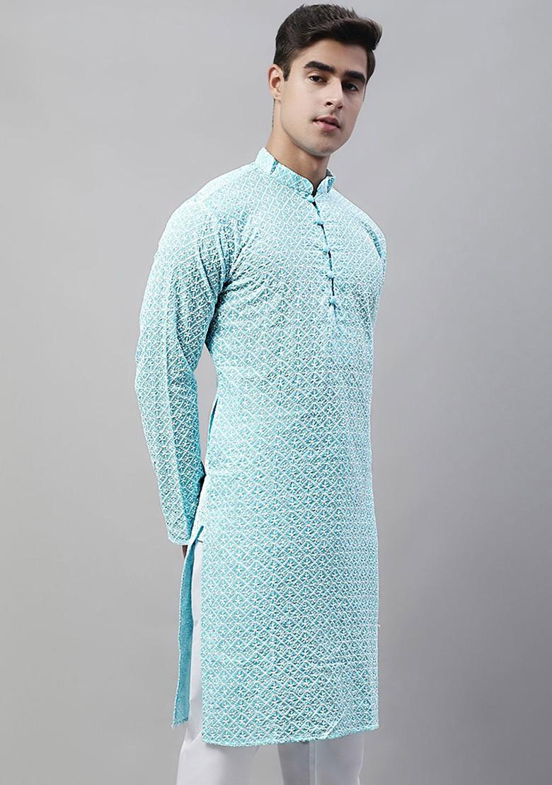 Turquoise Blue Embroidered Poly Blend Kurta For Men