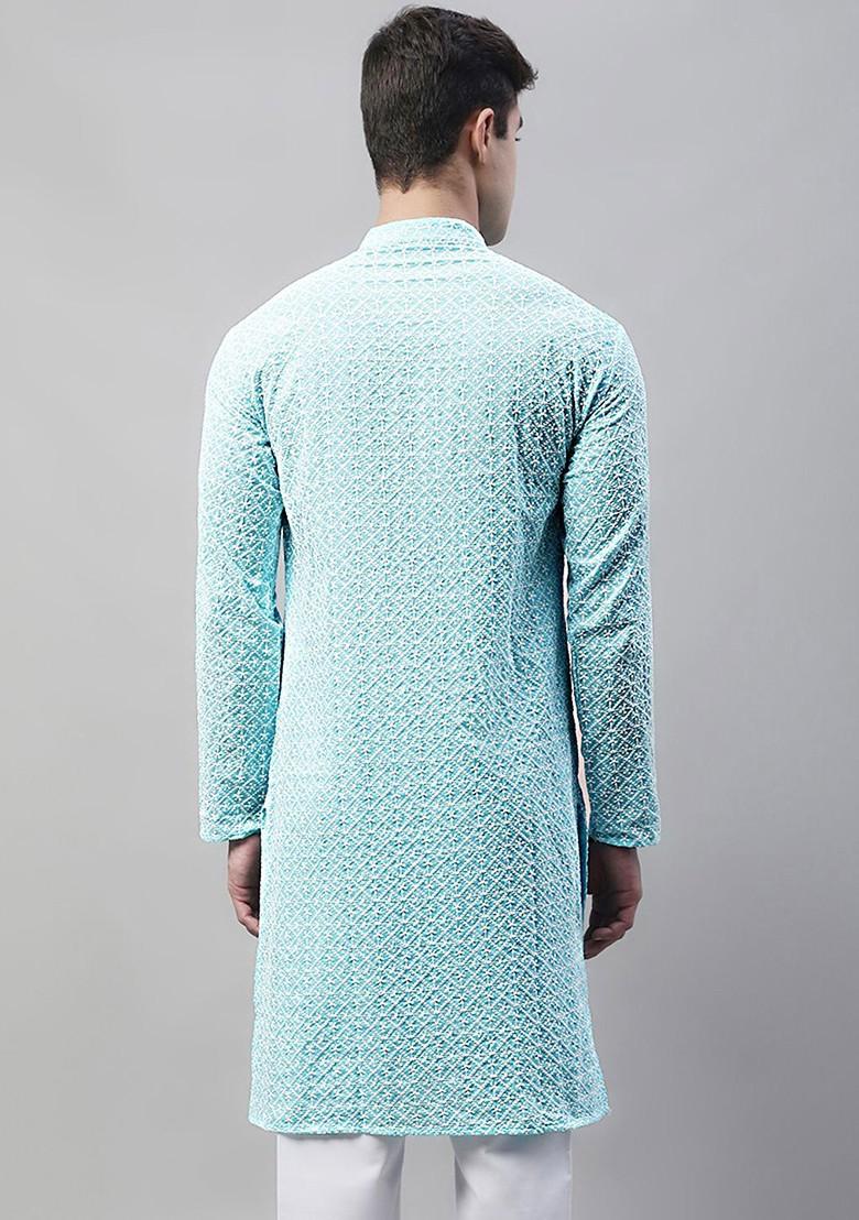 Turquoise Blue Embroidered Poly Blend Kurta For Men