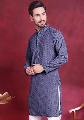 Grey Embroidered Poly Blend Kurta For Men