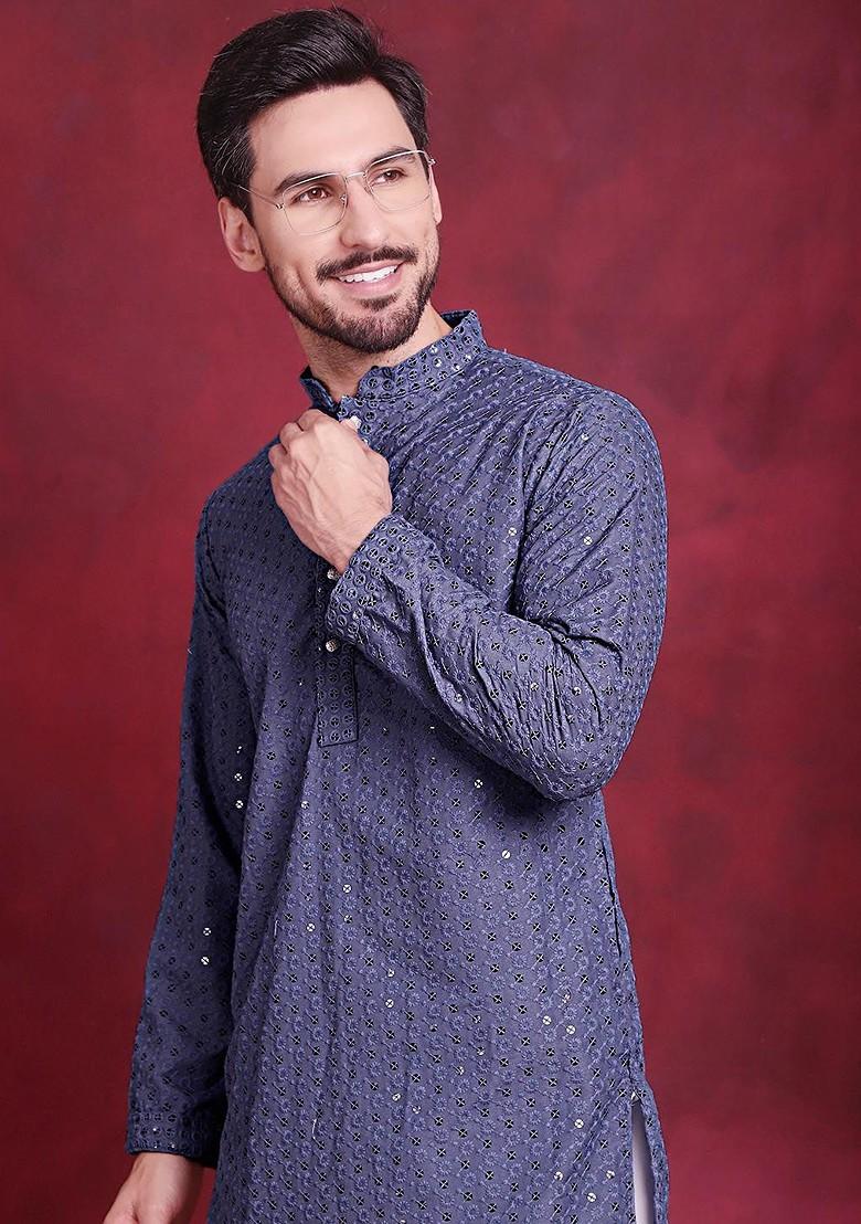 Grey Embroidered Poly Blend Kurta For Men