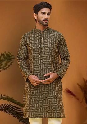 Olive Woven Design Poly Blend Kurta For Men