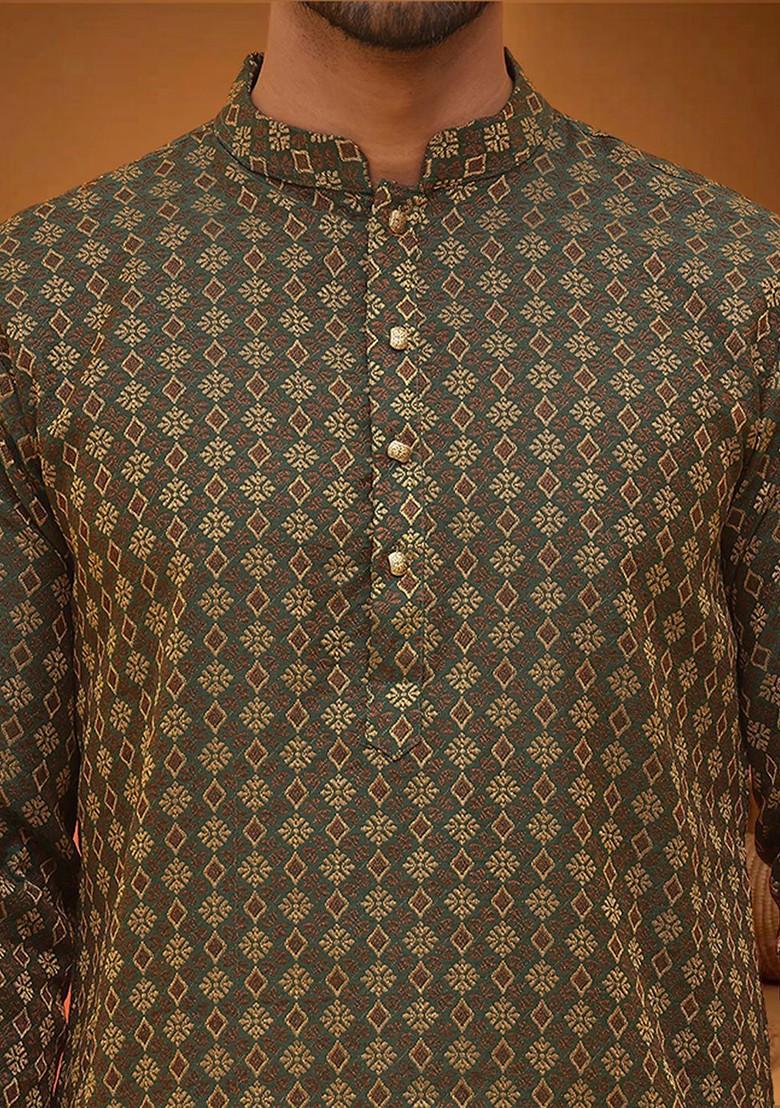 Olive Woven Design Poly Blend Kurta For Men