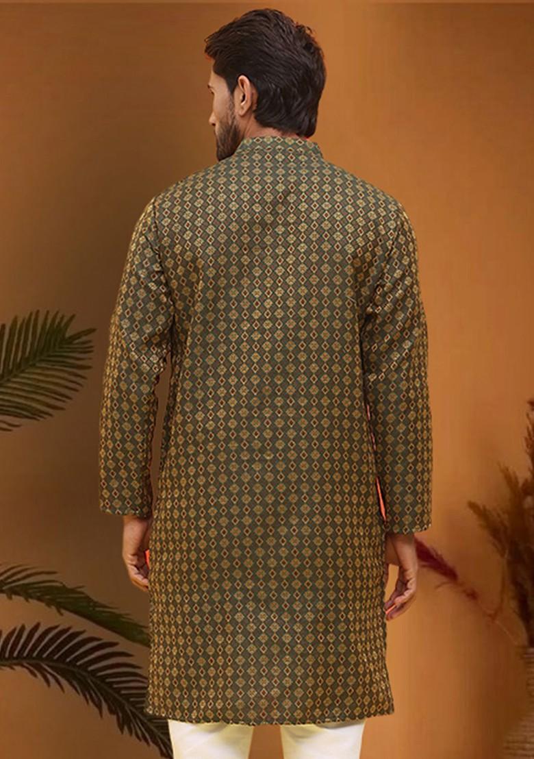 Olive Woven Design Poly Blend Kurta For Men