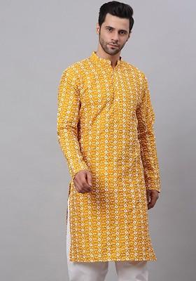 Mustard Yellow Embroidered Poly Blend Kurta For Men
