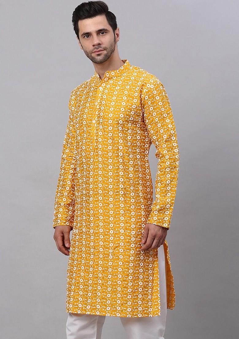 Mustard Yellow Embroidered Poly Blend Kurta For Men