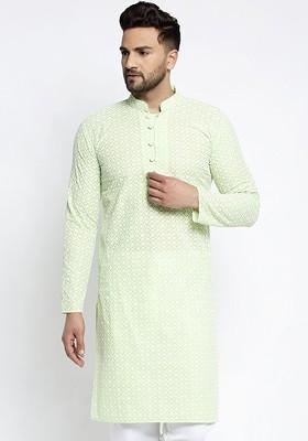 Green Embroidered Poly Blend Kurta For Men