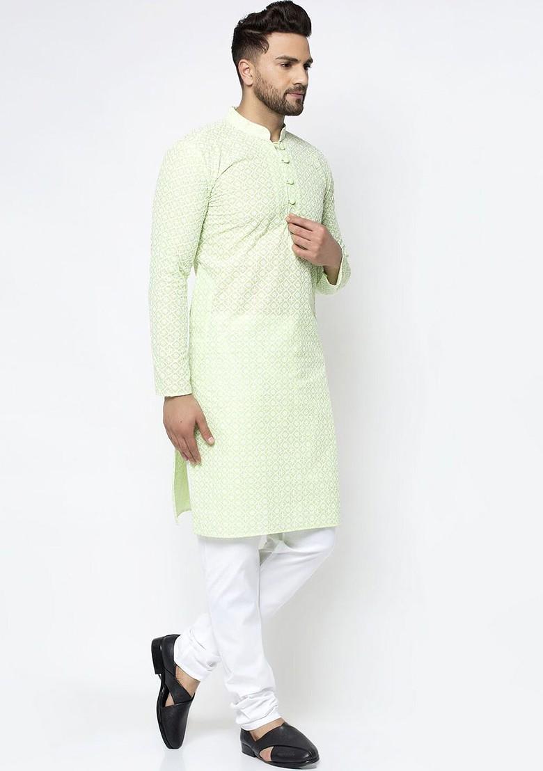 Green Embroidered Poly Blend Kurta For Men