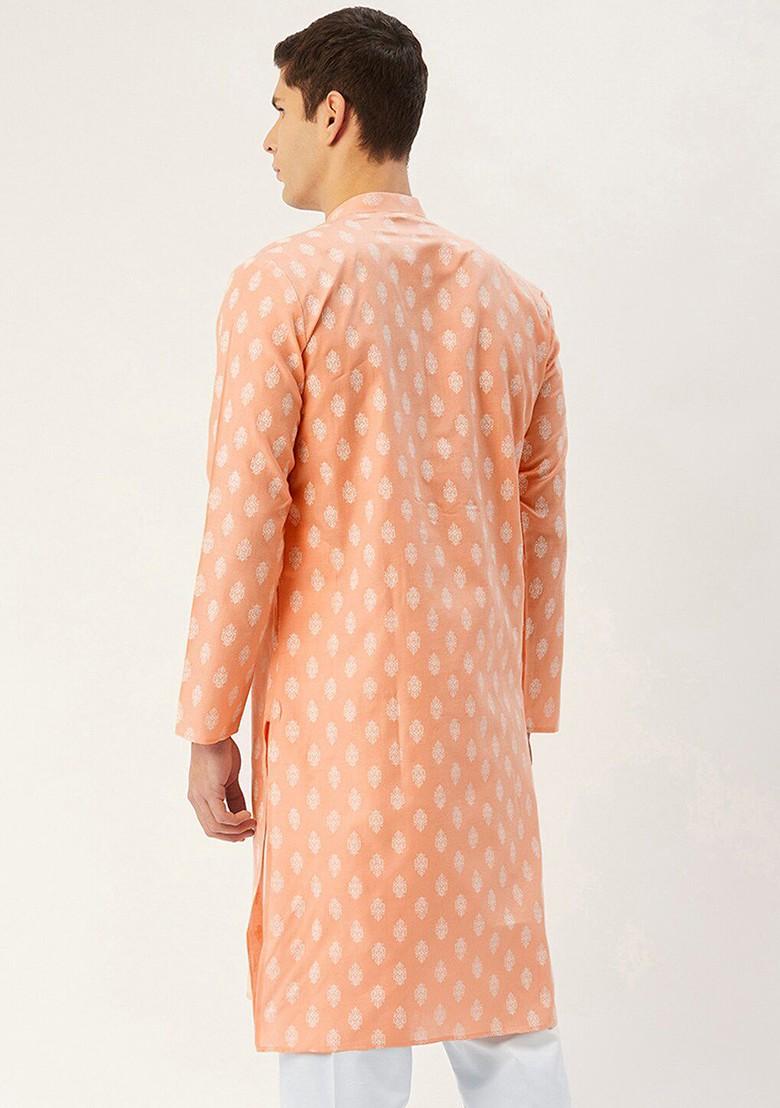 Peach Ethnic Motif Poly Blend Kurta For Men