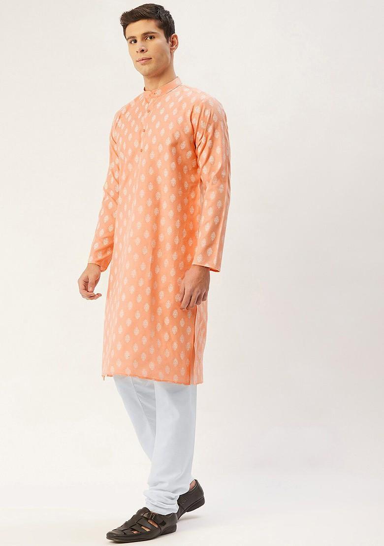 Peach Ethnic Motif Poly Blend Kurta For Men