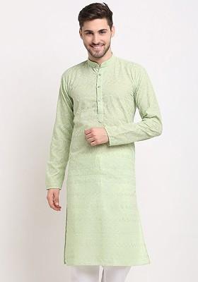 Green Embroidered Poly Blend Kurta For Men