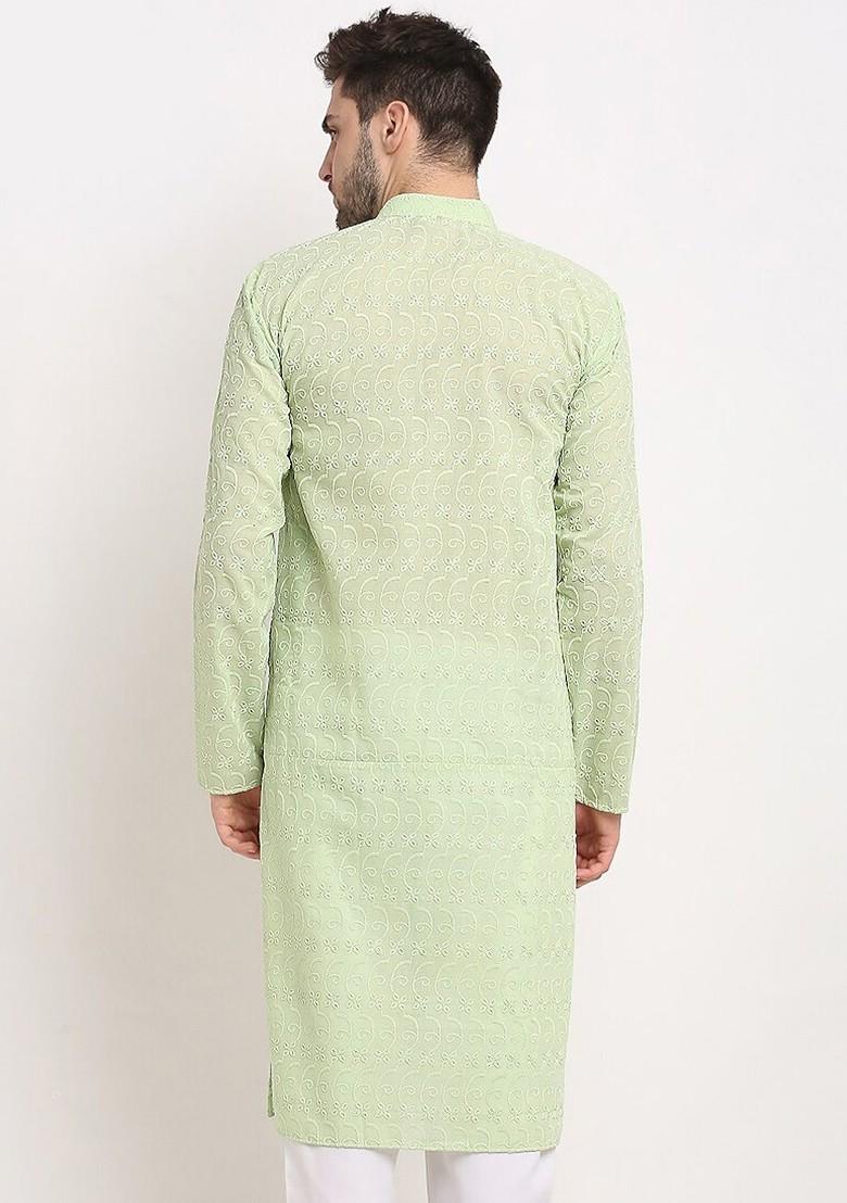 Green Embroidered Poly Blend Kurta For Men
