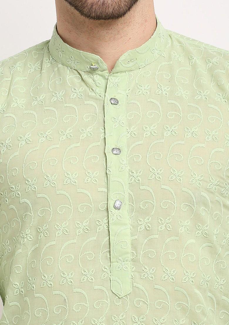 Green Embroidered Poly Blend Kurta For Men
