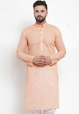 Orange Embroidered Poly Blend Kurta For Men