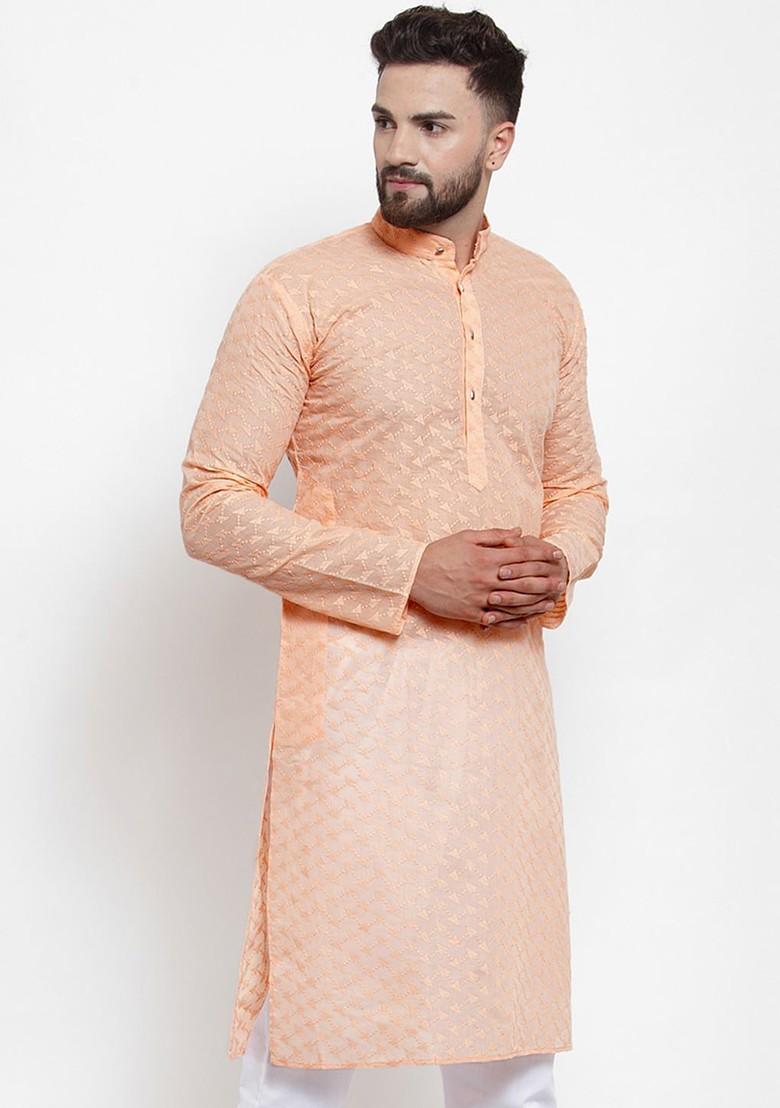 Orange Embroidered Poly Blend Kurta For Men