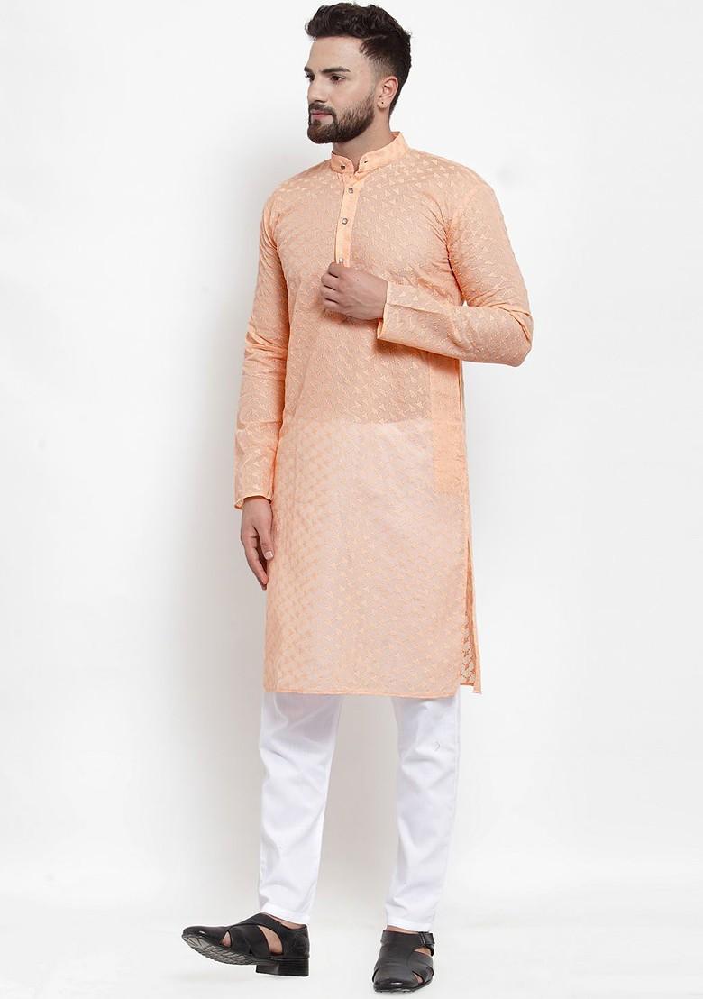 Orange Embroidered Poly Blend Kurta For Men