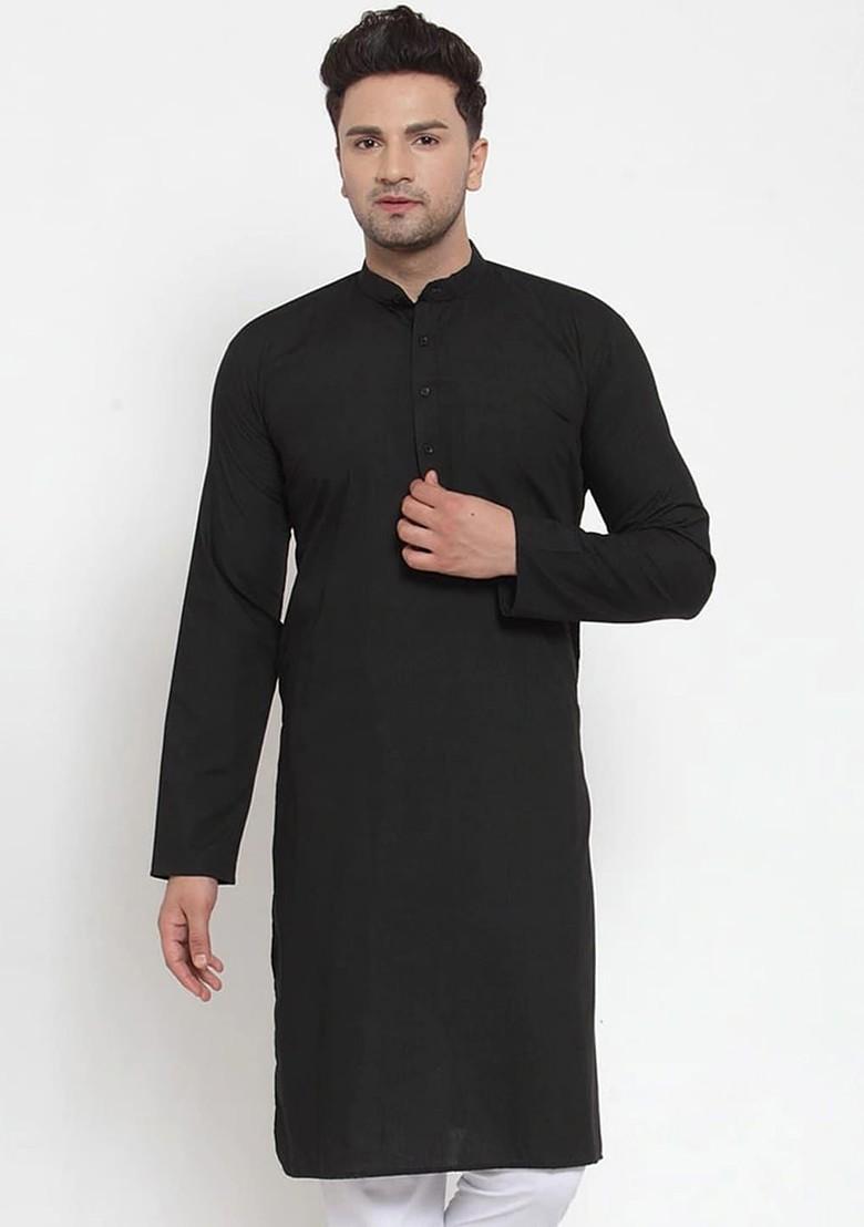 Black Embroidered Poly Blend Kurta For Men