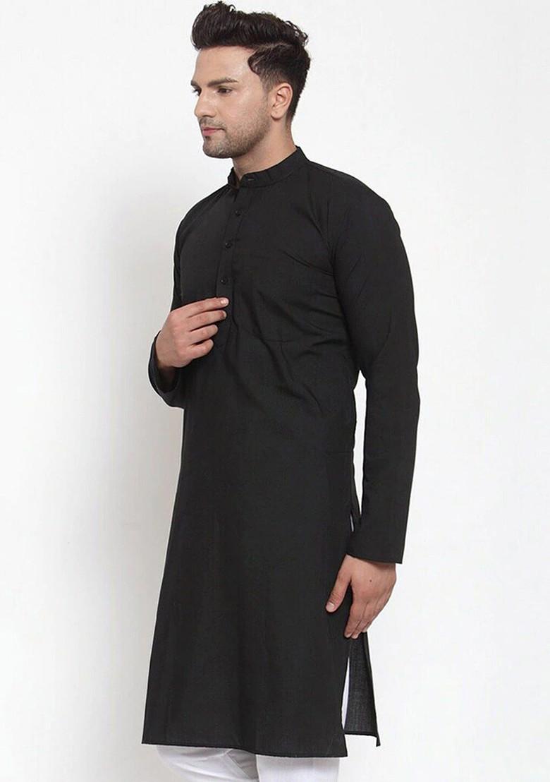 Black Embroidered Poly Blend Kurta For Men