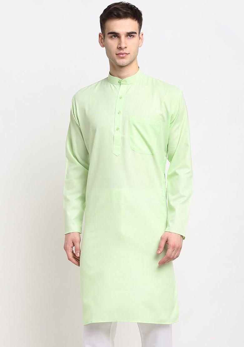 Green Embroidered Poly Blend Kurta For Men