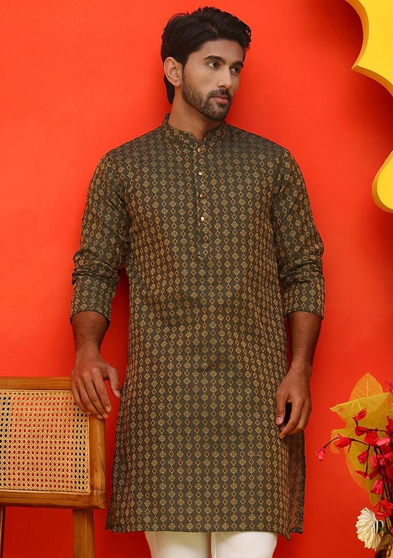 Olive Woven Design Poly Blend Kurta For Men