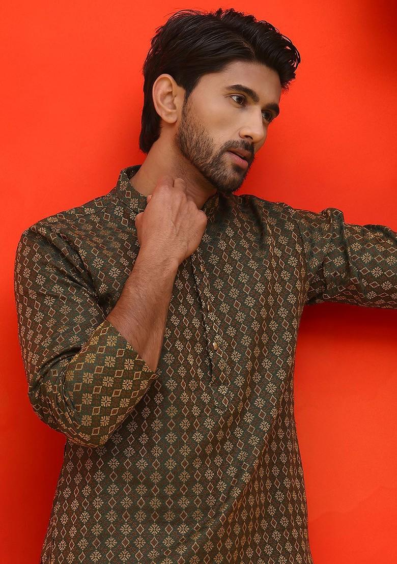Olive Woven Design Poly Blend Kurta For Men
