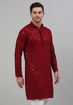 Maroon Embroidered Poly Blend Kurta For Men