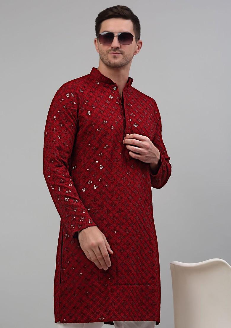 Maroon Embroidered Poly Blend Kurta For Men