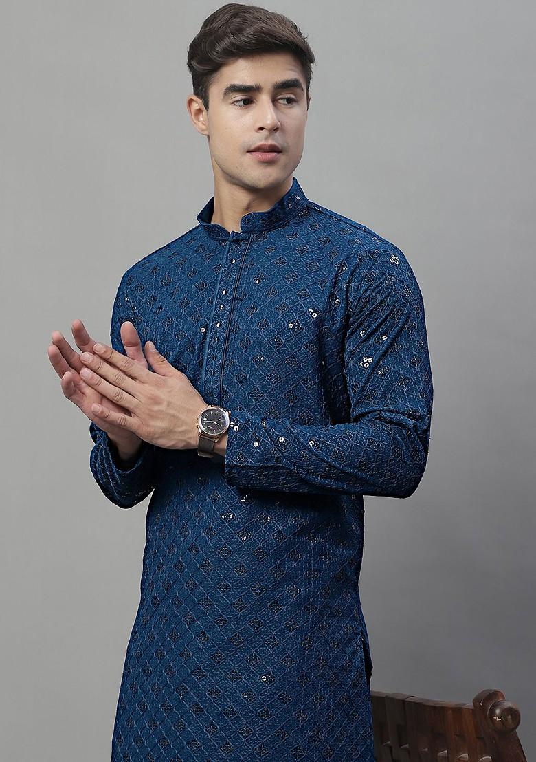 Blue Embroidered Poly Blend Kurta For Men