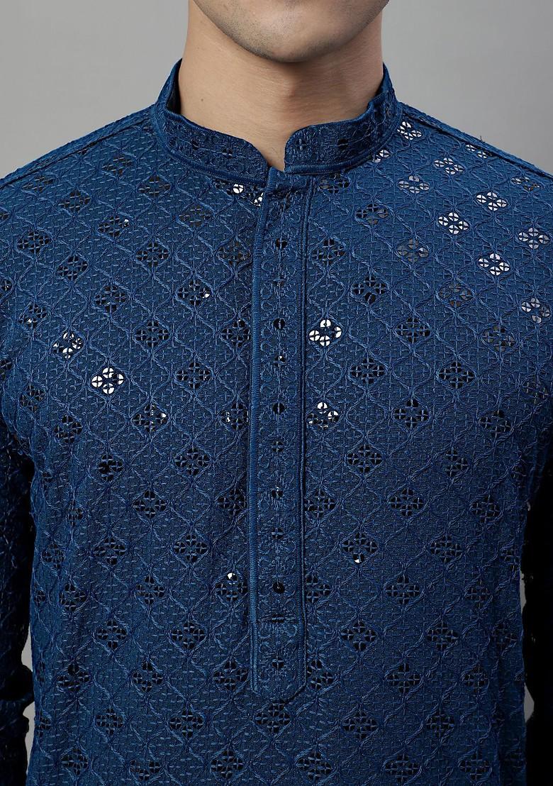 Blue Embroidered Poly Blend Kurta For Men