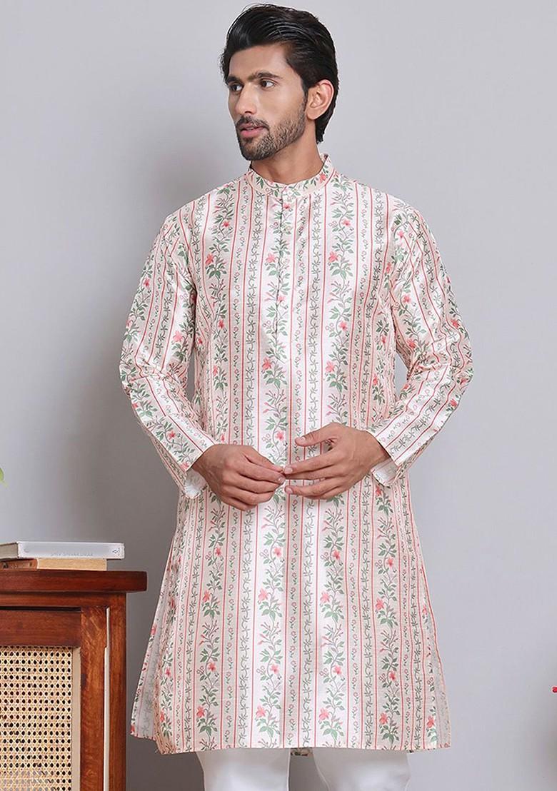 Gold Printed Poly Blend Kurta For Men