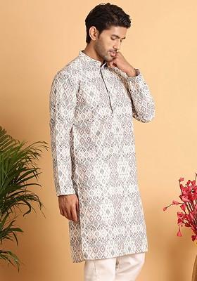 Off White Embroidered Poly Blend Kurta For Men