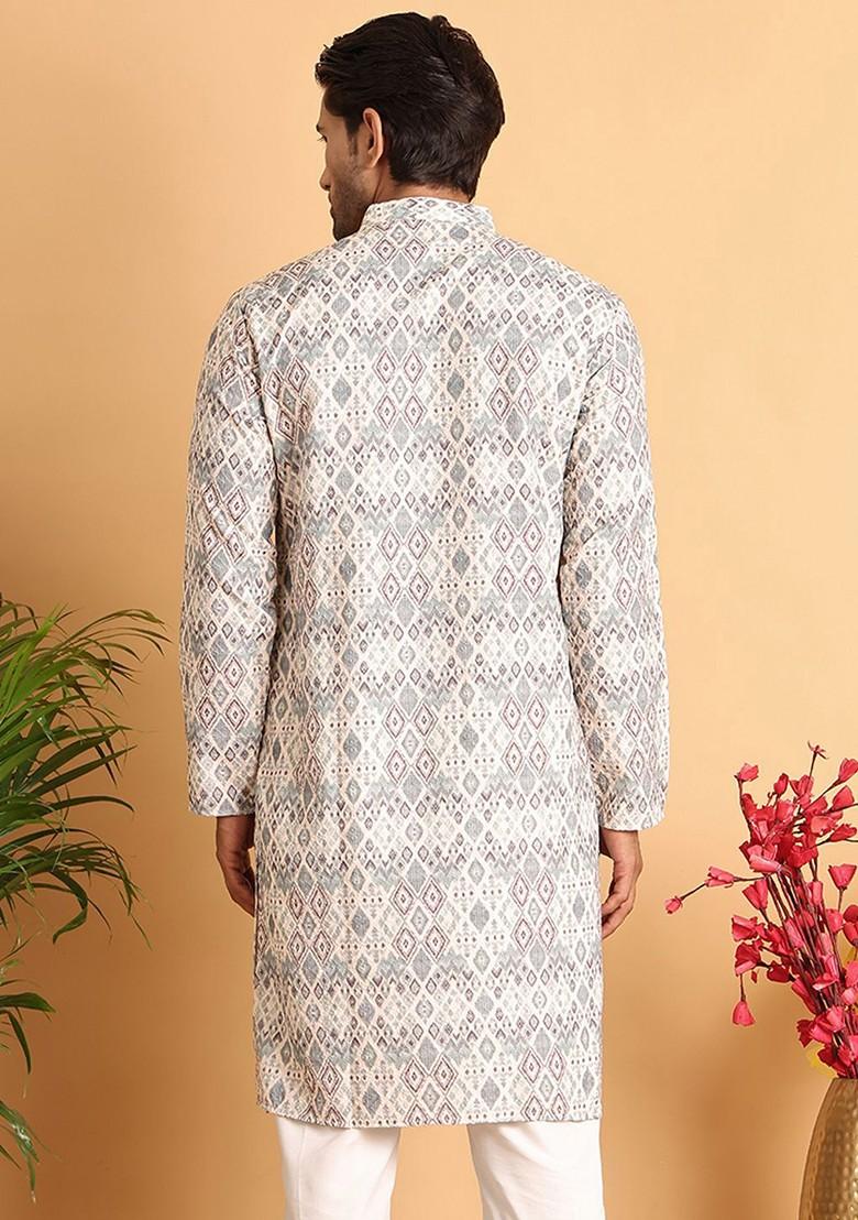 Off White Embroidered Poly Blend Kurta For Men