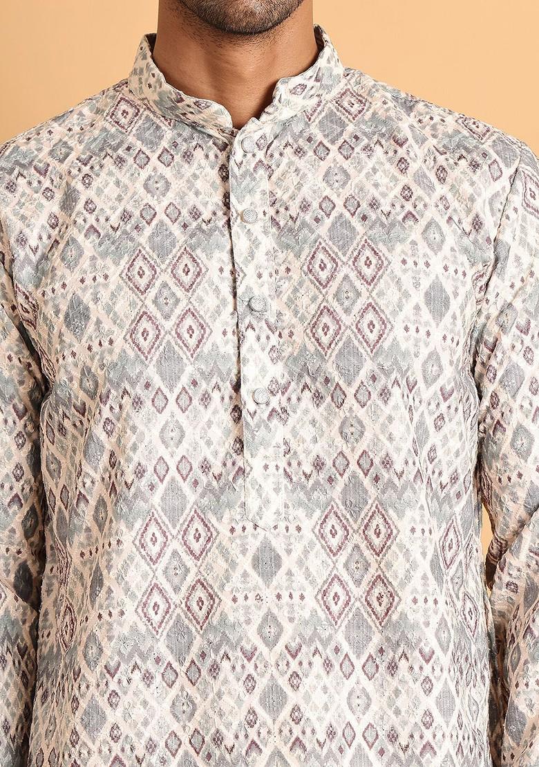 Off White Embroidered Poly Blend Kurta For Men