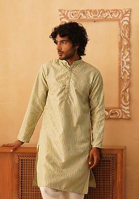 Green Embroidered Poly Blend Kurta For Men