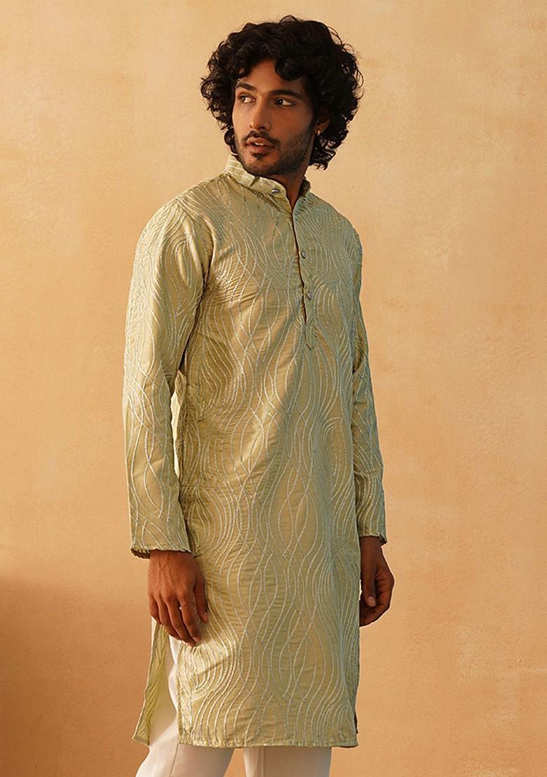 Green Embroidered Poly Blend Kurta For Men