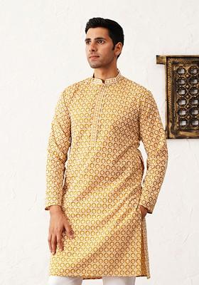 Mustard Yellow Embroidered Poly Blend Kurta For Men